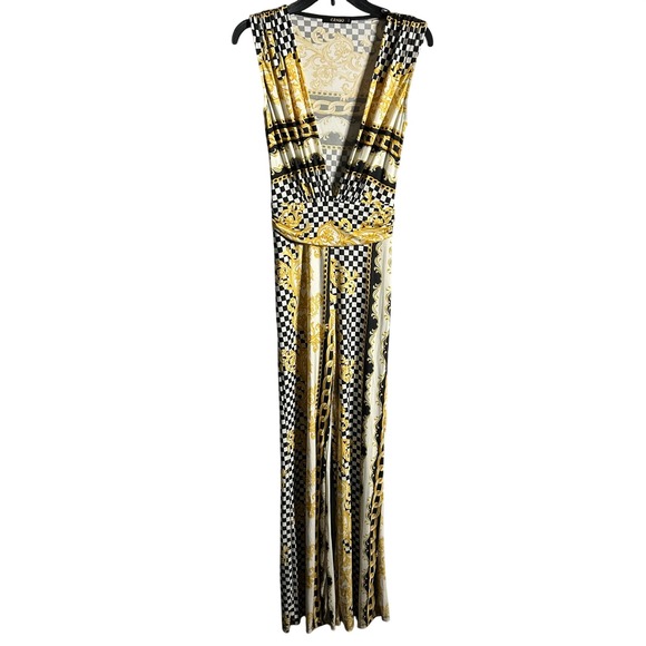 cameo Pants - CAMEO Women Gold Black Baroque Checkerboard Print Deep V-Neck Wide Leg Jumpsuit